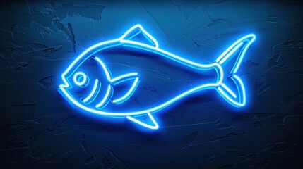 Blue neon sign of fish on black background.