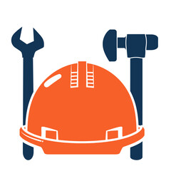 Safety gear and equipment for a construction worker, including a hard hat and various tools