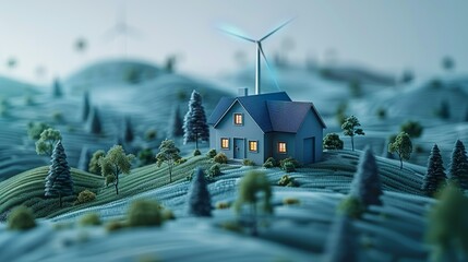 Poster - A house with a wind turbine on top of it is shown in a landscape with trees