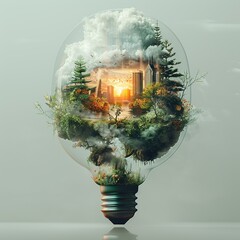 Canvas Print - A light bulb is filled with a forest and a city