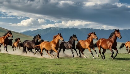 Naklejka na meble Steppes Symphony: A Captivating Portrait of Horses Galloping in the Vast Kyrgyz Landscape