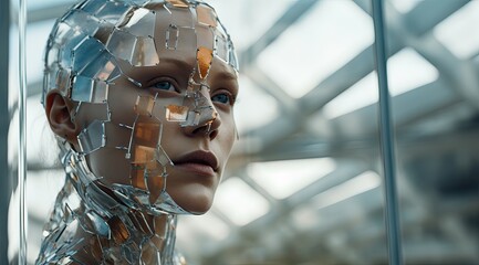 Poster - Futuristic cyborg face with broken glass effect