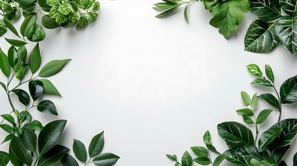 Wall Mural - A minimalistic flat lay of green leaves on a white background, creating an elegant and natural frame for text or images. with copy space