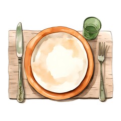 Empty plate with cutlery. Watercolor hand drawn illustration.