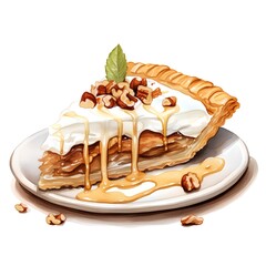 Wall Mural - Slice of apple pie with whipped cream and caramel. Watercolor hand drawn illustration