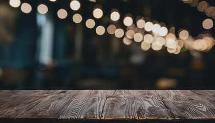 Wall Mural - Image of wooden table in front of abstract blurred background of restaurant lights on black for montage products