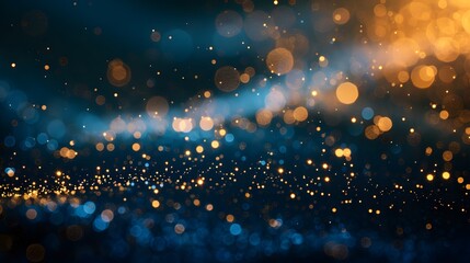 Wall Mural - A navy blue background with golden particles features an abstract design. Gold foil texture sparkles amidst the bokeh effect of Christmas lights shimmering.
