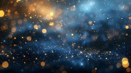 Wall Mural - A navy blue background with golden particles features an abstract design. Gold foil texture sparkles amidst the bokeh effect of Christmas lights shimmering.