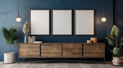 Wall Mural - Three empty mockup frames on navy wall with brown wooden living room interior dresser and shelf with art decoration, mockup frames, modern luxury home interior design.
