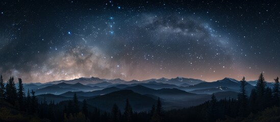 Wall Mural - Silhouetted mountains stand against a beautiful night sky filled with twinkling stars and the Milky Way galaxy shining above