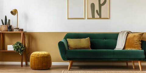 Wall Mural - Stylish Scandinavian modern living room interior design, with three empty art frames mock up on the wall, green velvet sofa with cushions, ginger yellow stool, woolen carpet with plants. 