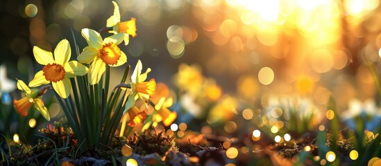 Sticker - Daffodils and wildflowers in a picturesque natural setting with blurred background lights.