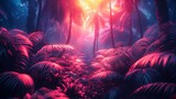 Fototapeta Londyn - Mystical Forest A Neon Tropical Wonderland