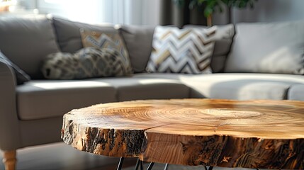 Wooden table top in the room The background is a sofa and minimal decoration.