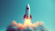© Duka Mer - A white rocket is shown launching through the air, in a futuristic retro style with a realistic use of light and color in light red and azure.