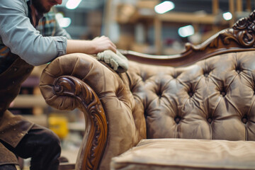 Skilled craftsman carefully upholstering a vintage chesterfield sofa in a well-lit workshop, showing attention to detail.