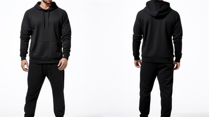 Wall Mural - black hoodie and sweatpants seen from the front and back. mockup hoodie and sweatpants