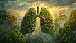 © Purichaya - Illustration of lungs made from an array of trees and vibrant green leaves against an enchanted forest setting with a cloudy sky emphasizing the harmony of nature and health.