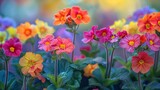 Fototapeta  - A close shot of colorful Primula veris primroses blossoming among nature with a blurry backdrop and a big space for text or product advertisement, Generative AI.