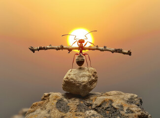 Wall Mural - an ant holding thin sticks, stick resting above its head and body while standing on top a rock with sunset in the background.