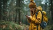 © MINHOO - A woman hiker wearing a hat and backpack is operating a smartphone looking at GPS.