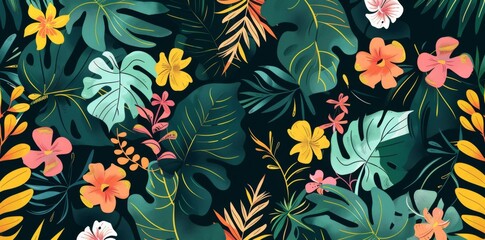 Sticker - Abstract seamless pattern with colorful tropical flowers and leaves