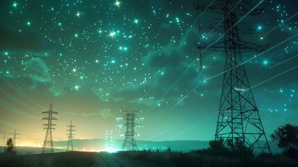 3D Render Of Power Transmission Lines with 3D Digital Visualization of Electricity. Fantastic Visuals of Night Sky Full of Bright Stars. Concept of Renewable Green Energy Powering Human Progress