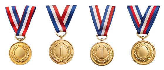 set of winning golden medal award for first prize , isolated on a transparent background. png, cutou