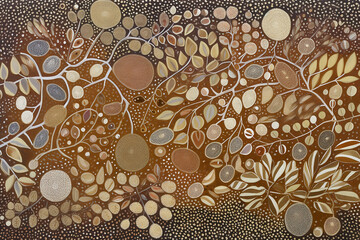 Wall Mural - Australian Aboriginal dot painting style art dreamtime story of bush tucker food in neutral tones.