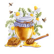 watercolor drawing jar of honey, honeycomb, chamomile flowers and bees at white background, hand drawn illustration