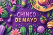 An illustration of background poster written with Chinco De Mayo on a vibrant purple backdrop and big space for product advertisement, Generative AI.