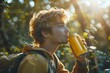 A young man drinking from yellow drink can with a blurry nature backdrop in a summer day with a big space for text or product background, Generative AI.