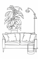 Wall Mural - One continuous line drawing of sofa with lamp and potted deciduous plant. Home modern furniture of couch with two pillows in simple linear style.