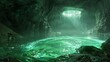 Deep within a hidden cavern a glowing emerald pool reflects the image of the Emerald Tablet floating above it. The waters ripple with . .