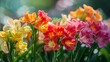 A close shot of a bunch of Garden Freesias against a blurry nature backdrop with big space for text or product background, Generative AI.
