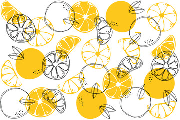 Seamless bright light pattern with Fresh oranges for fabric, drawing labels, print on t-shirt, wallpaper of children's room, fruit background. Slices of orange doodle style cheerful background.