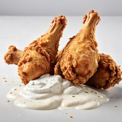 Wall Mural - A scrumptious serving of golden-fried chicken drumsticks dipped halfway in a creamy white yogurt sauce