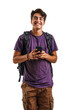 © Favio - hispanic guy using a cellphone, school student wearing a purple t-shirt and a backpack