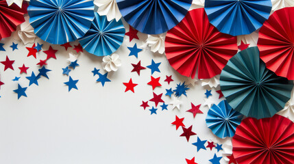 Patriotic paper fans and stars decoration on white background