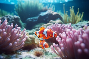 Wall Mural - Clownfish among colorful coral reefs in the ocean
