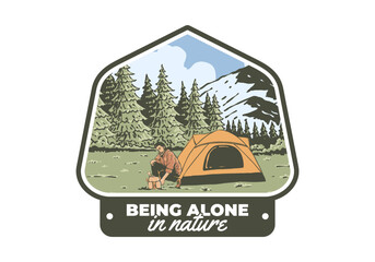 Wall Mural - camping alone in nature. vintage outdoor illustration badge design