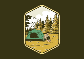 Wall Mural - camping alone in nature. vintage outdoor illustration badge design