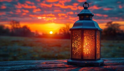 Canvas Print - Lantern on an old wood with a beautiful sunrise as background. 