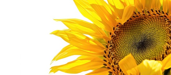 Wall Mural - Detailed close-up of a vibrant sunflower in a field against a white backdrop. The sunflower displays striking yellow petals.