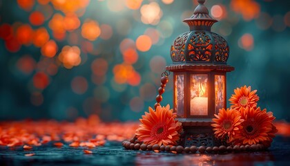 Wall Mural - Lantern with wooden rosary and flowers