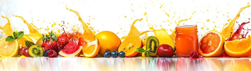 A variety of fresh fruits and vegetables are arranged on a white table