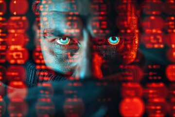 A man with striking blue eyes is focused on a computer screen, possibly working or browsing online