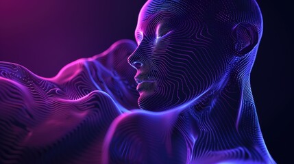 A womans face is depicted with intricate lines resembling binary code patterns, creating a unique and futuristic visual