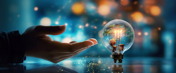 person pointing her hand at an artificial light bulb on it, in the style of futuristic robots,  bokeh 