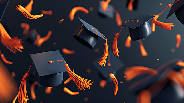 graduation hats and tassles being thrown in the air ultra realistic